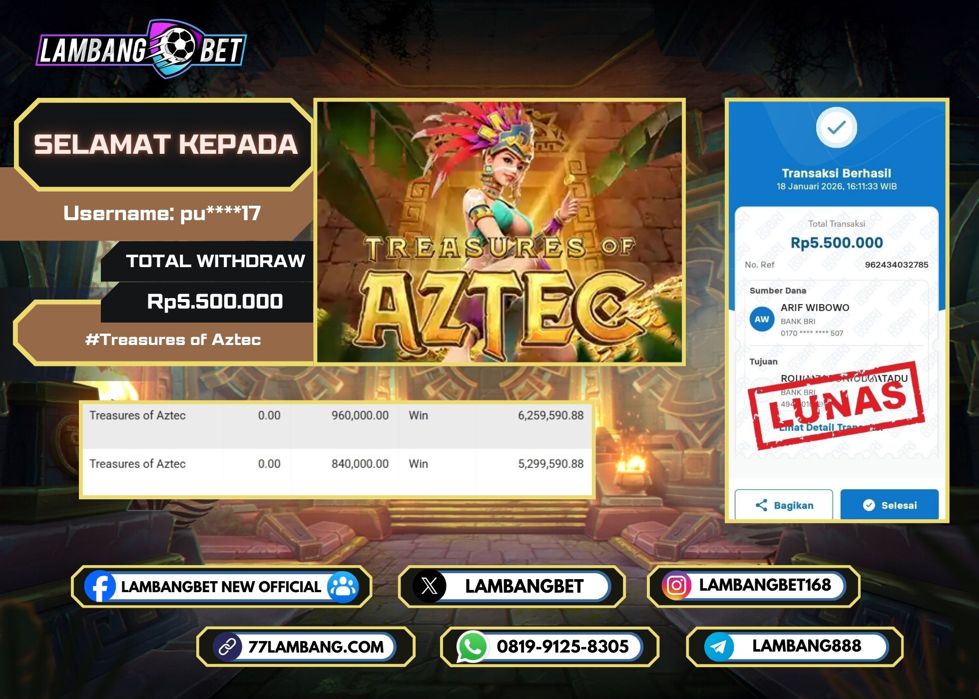 LAMBANGBET [18 JANUARI 2026] JACKPOT SLOT Treasures of Aztec "Rp5.500.000" LUNAS
